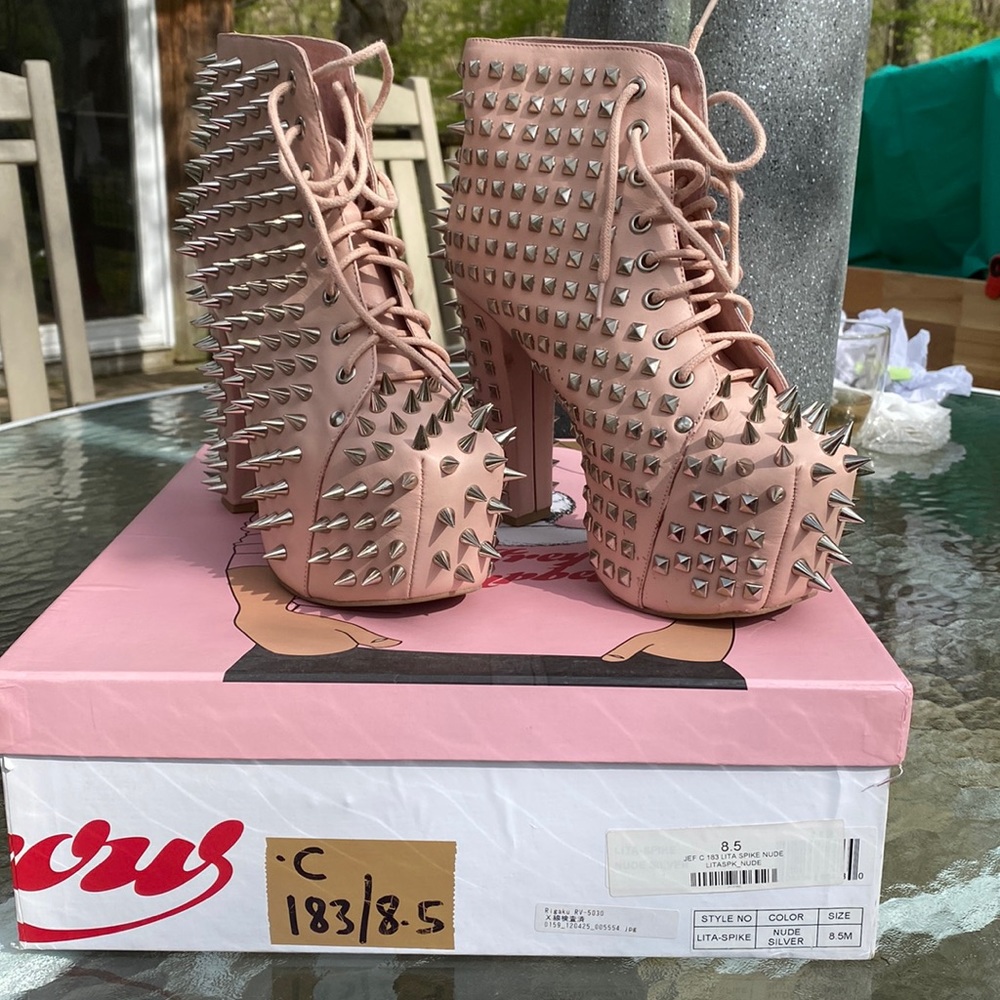 Jeffrey Campbell Nude Leather with Silver Spiked Shoes. Lita-Spike.